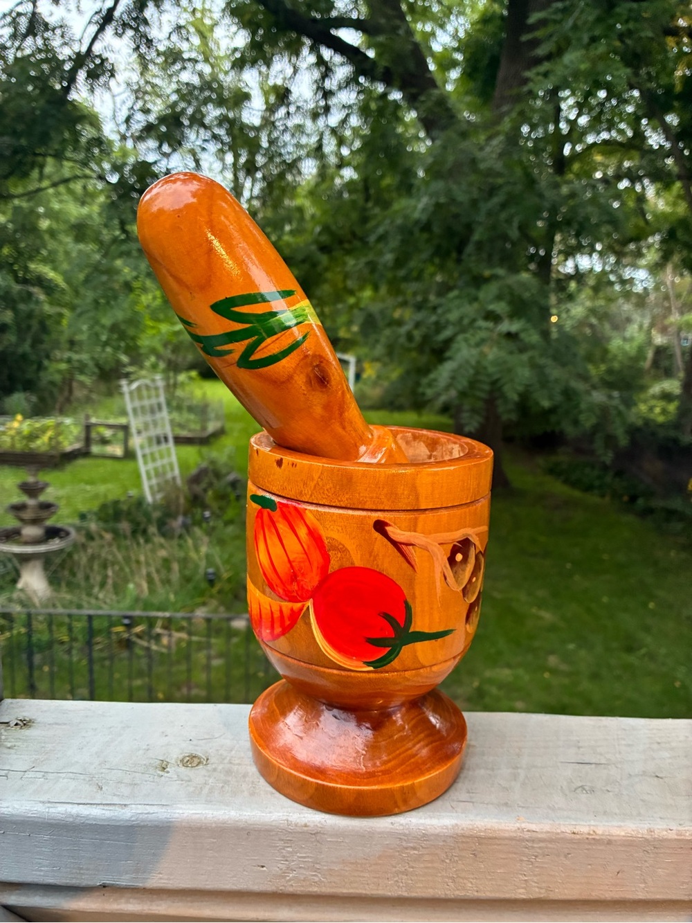 Vintage Hard Carved and Painted Mortar and Pestle Fruit and Vegetables